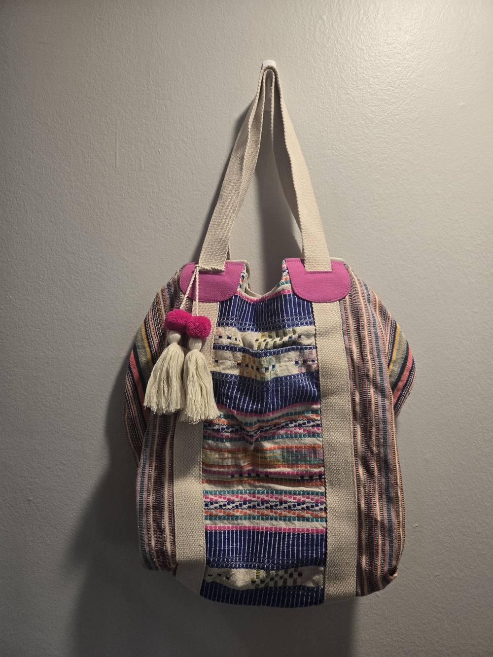 Bohemian Stripe Tote Bag with Tassel Accent - Pink & Cream